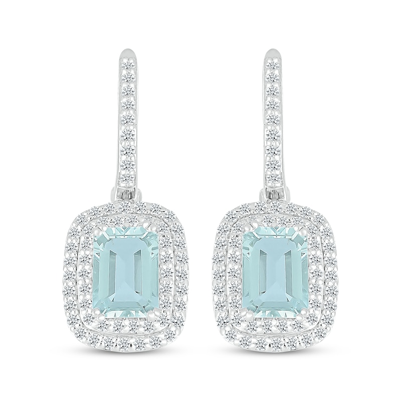 Main Image 2 of Cushion-Cut Aquamarine & White Lab-Created Sapphire Double Halo Dangle Hoop Earrings Sterling Silver