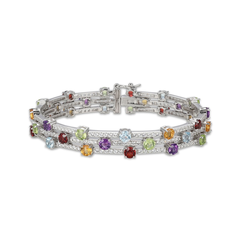 Citrine, Garnet, Amethyst, Peridot, Sky Blue Topaz & White Lab-Created Sapphire Multi-Row Bracelet Sterling Silver 7.25"