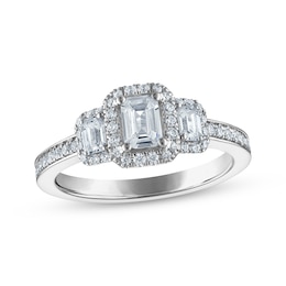Now + Forever Certified Emerald-Cut Diamond Three-Stone Halo Engagement Ring 1 ct tw Platinum