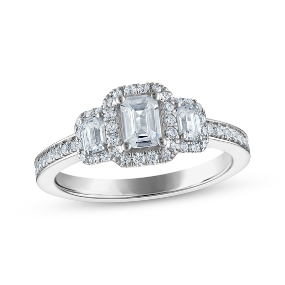 Now + Forever Certified Emerald-Cut Diamond Three-Stone Halo Engagement Ring 1 ct tw Platinum