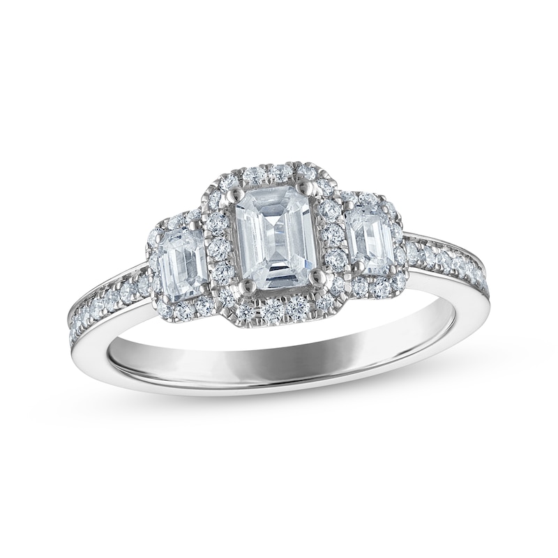 Certified Emerald-Cut Diamond Three-Stone Halo Engagement Ring 1 ct tw Platinum