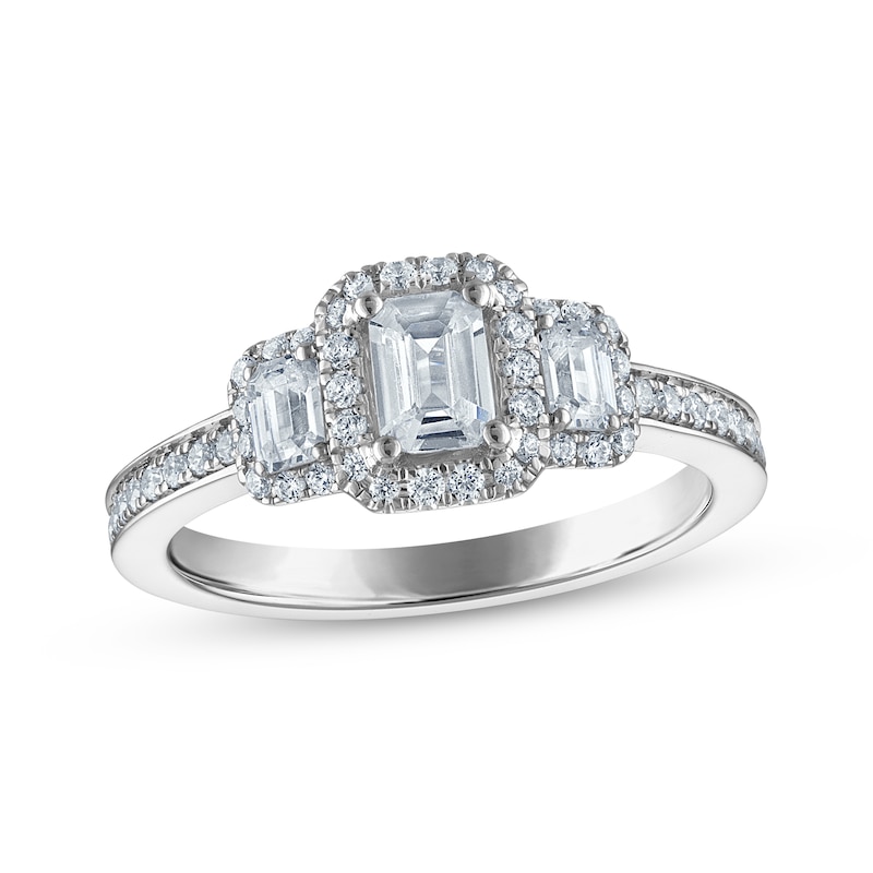 Main Image 1 of Now + Forever Certified Emerald-Cut Diamond Three-Stone Halo Engagement Ring 1 ct tw Platinum