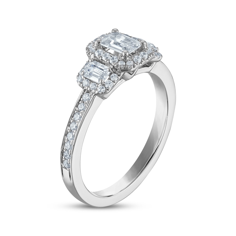 Main Image 2 of Now + Forever Certified Emerald-Cut Diamond Three-Stone Halo Engagement Ring 1 ct tw Platinum