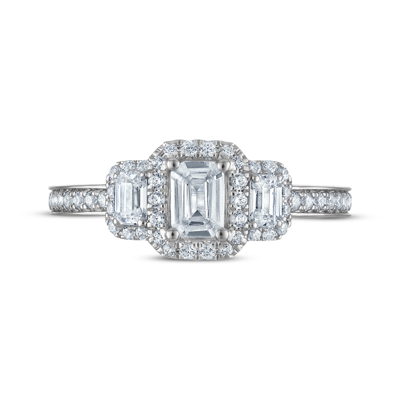 Certified Emerald-Cut Diamond Three-Stone Halo Engagement Ring 1 ct tw Platinum