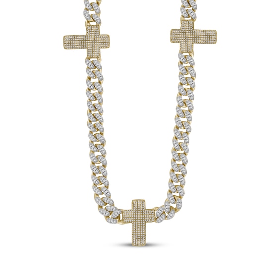 Men's Diamond Cross Station Curb Chain Necklace 3 ct tw 10K Yellow Gold 20"