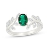 Thumbnail Image 1 of Oval-Cut Lab-Created Emerald & White Lab-Created Sapphire Leaf Ring Sterling Silver
