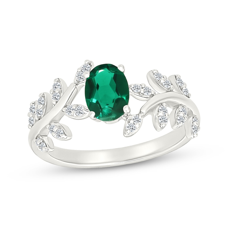 Main Image 1 of Oval-Cut Lab-Created Emerald & White Lab-Created Sapphire Leaf Ring Sterling Silver
