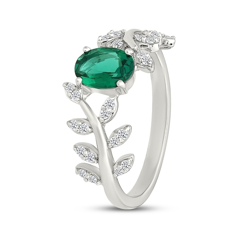 Main Image 2 of Oval-Cut Lab-Created Emerald & White Lab-Created Sapphire Leaf Ring Sterling Silver