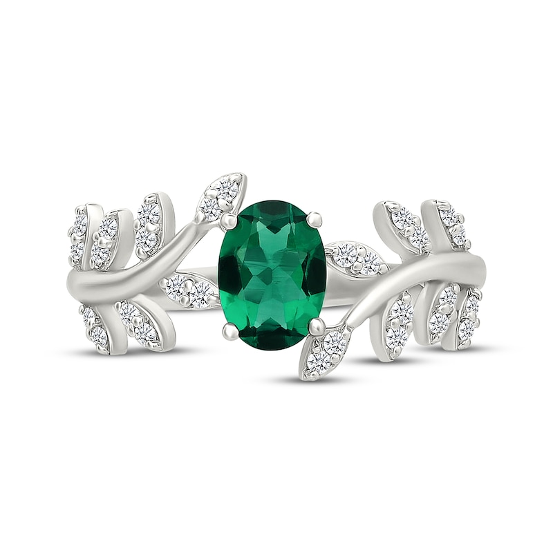 Main Image 4 of Oval-Cut Lab-Created Emerald & White Lab-Created Sapphire Leaf Ring Sterling Silver