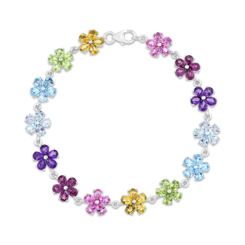Main Image 1 of Pear-Shaped Natural & Lab-Created Gemstone Multicolor Flower Bracelet Sterling Silver 7.25&quot;