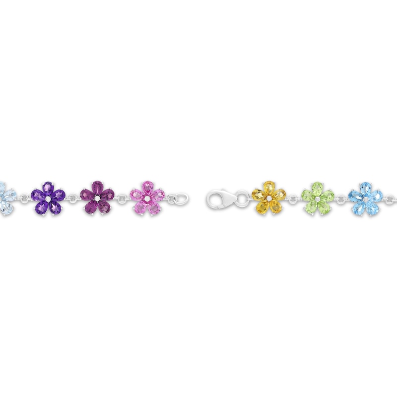 Main Image 2 of Pear-Shaped Natural & Lab-Created Gemstone Multicolor Flower Bracelet Sterling Silver 7.25&quot;