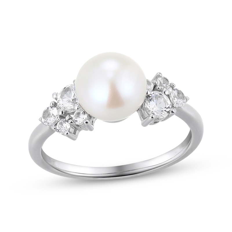 Main Image 1 of Cultured Pearl & White Lab-Created Sapphire Ring Sterling Silver