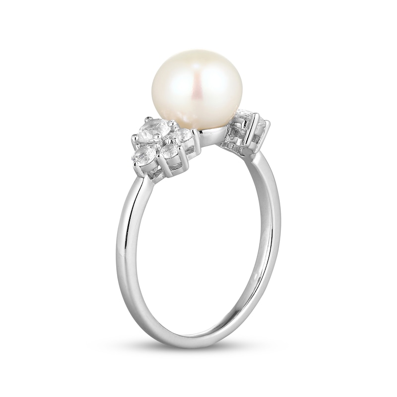 Main Image 2 of Cultured Pearl & White Lab-Created Sapphire Ring Sterling Silver