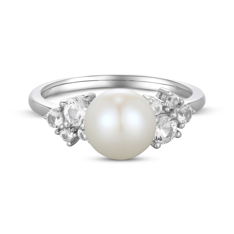 Main Image 3 of Cultured Pearl & White Lab-Created Sapphire Ring Sterling Silver