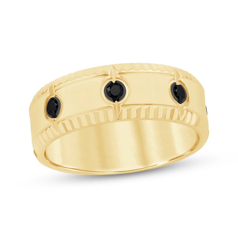 Main Image 1 of Now + Forever Men's Black Diamond Bezel-Set Three-Stone Wedding Band 1/4 ct tw 10K Yellow Gold