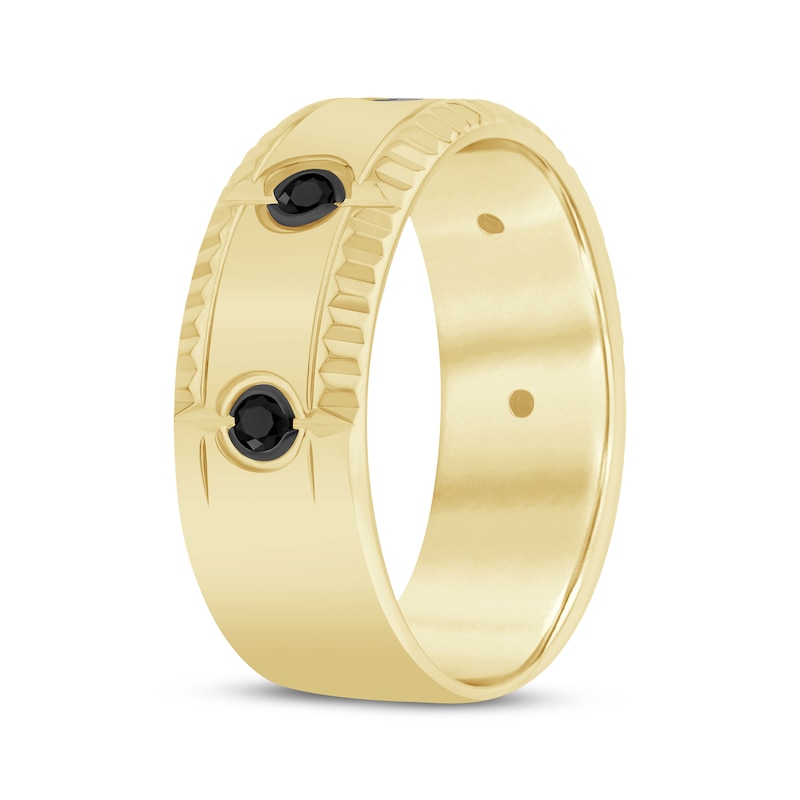 Main Image 2 of Now + Forever Men's Black Diamond Bezel-Set Three-Stone Wedding Band 1/4 ct tw 10K Yellow Gold