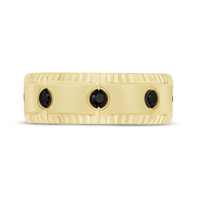 Main Image 3 of Now + Forever Men's Black Diamond Bezel-Set Three-Stone Wedding Band 1/4 ct tw 10K Yellow Gold