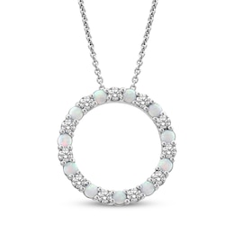 Lab-Created Opal & White Lab-Created Sapphire Circle Necklace Sterling Silver 18"