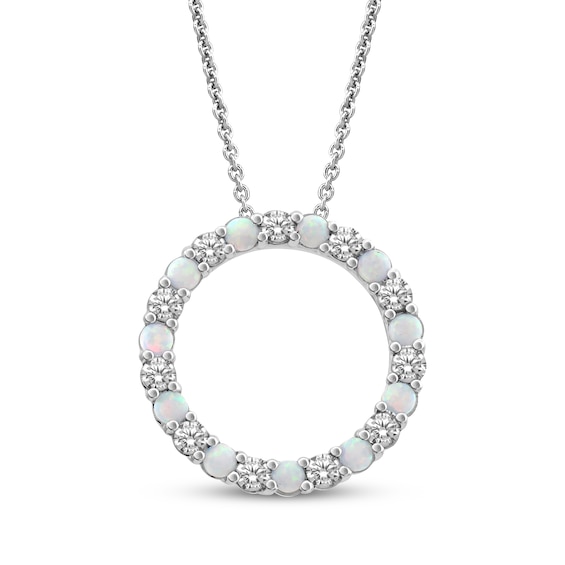 Lab-Created Opal & White Lab-Created Sapphire Circle Necklace Sterling Silver 18"