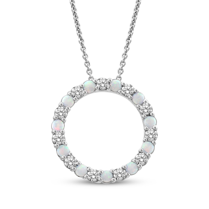 Main Image 1 of Lab-Created Opal & White Lab-Created Sapphire Circle Necklace Sterling Silver 18"