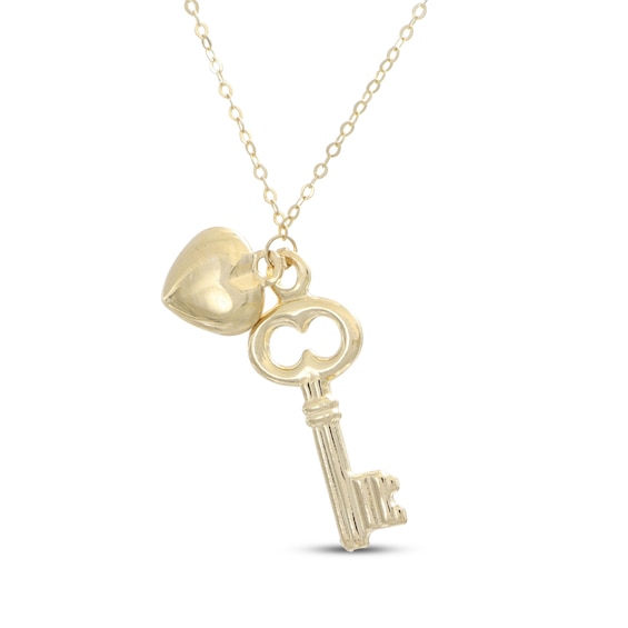 Heart & Key Charm Necklace 14K Yellow Gold 18"