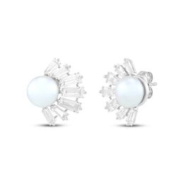 Button Cultured Pearl & White Lab-Created Sapphire Half-Halo Stud Earrings Sterling Silver