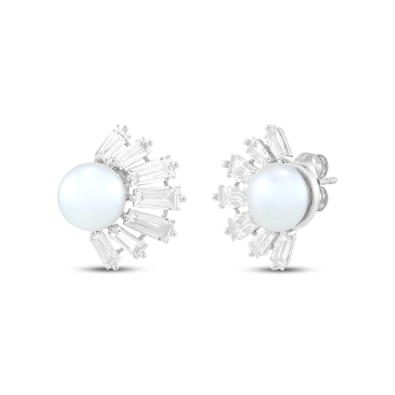Button Cultured Pearl & White Lab-Created Sapphire Half-Halo Stud Earrings Sterling Silver