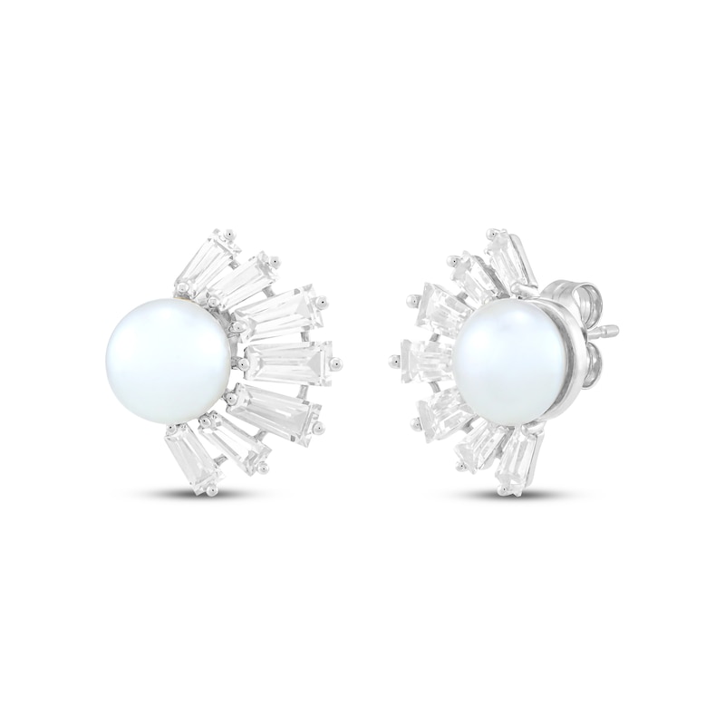 Main Image 1 of Button Cultured Pearl & White Lab-Created Sapphire Half-Halo Stud Earrings Sterling Silver