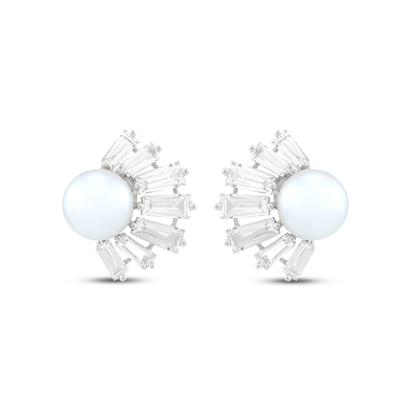Main Image 2 of Button Cultured Pearl & White Lab-Created Sapphire Half-Halo Stud Earrings Sterling Silver