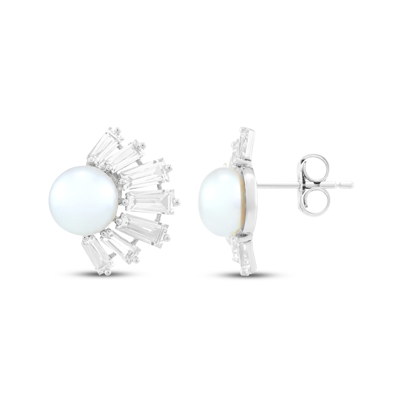 Main Image 3 of Button Cultured Pearl & White Lab-Created Sapphire Half-Halo Stud Earrings Sterling Silver