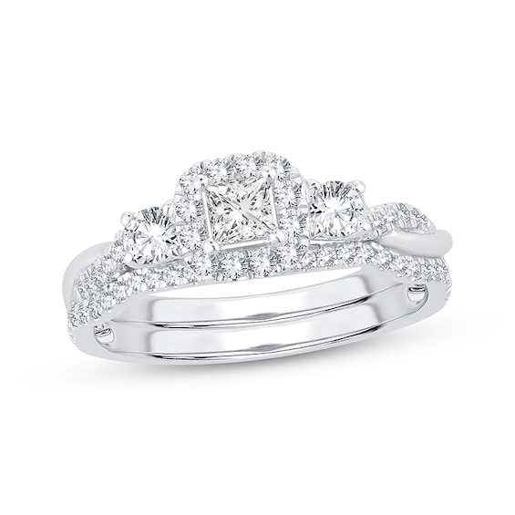 Memories Moments Magic Princess & Round-Cut Diamond Three-Stone Bridal Set 3/4 ct tw 10K White Gold