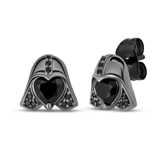 Star Wars Darth Vader Heart-Shaped Black Onyx & Black Diamond Helmet Earrings 1/10 ct tw Black Rhodium-Plated Sterling Silver