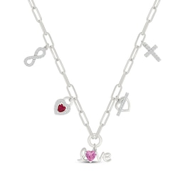 Lab-Created Ruby, Pink & White Lab-Created Sapphire Charms Paperclip Chain Necklace Sterling Silver 18"