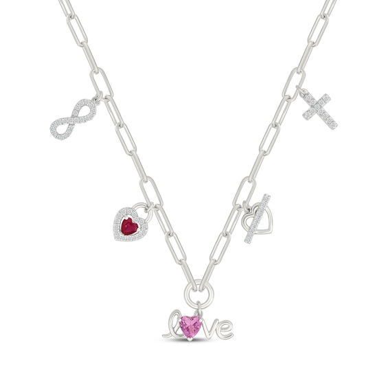 Lab-Created Ruby, Pink & White Lab-Created Sapphire Charms Paperclip Chain Necklace Sterling Silver 18"