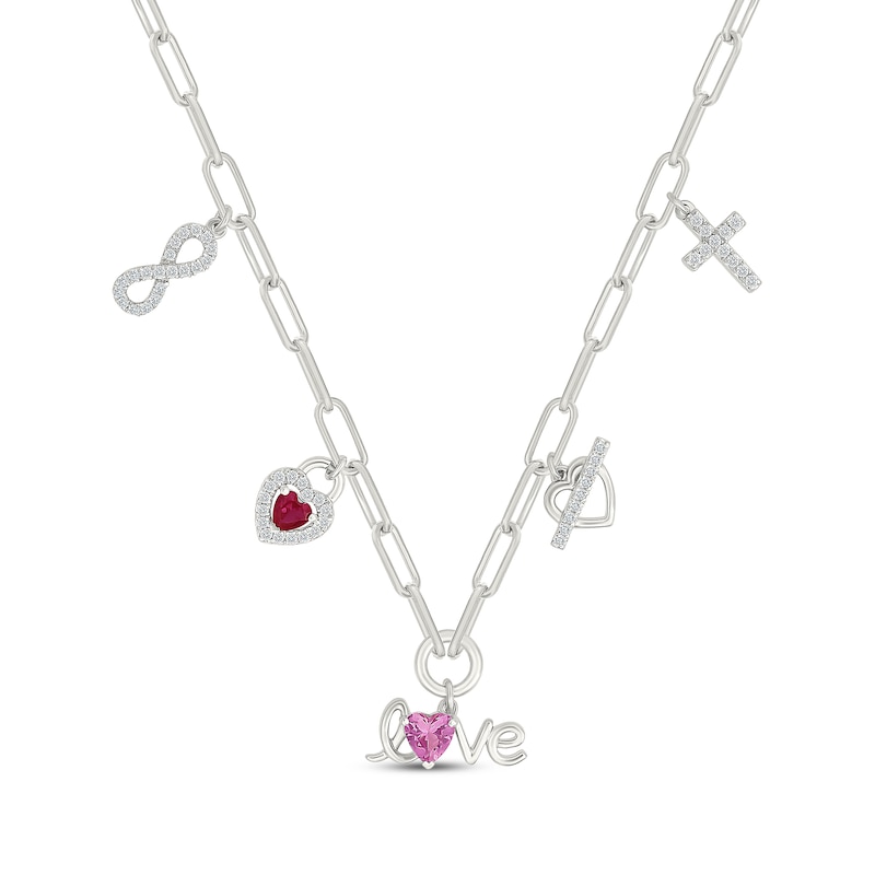 Main Image 1 of Lab-Created Ruby, Pink & White Lab-Created Sapphire Charms Paperclip Chain Necklace Sterling Silver 18"