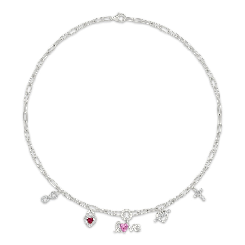 Main Image 2 of Lab-Created Ruby, Pink & White Lab-Created Sapphire Charms Paperclip Chain Necklace Sterling Silver 18"