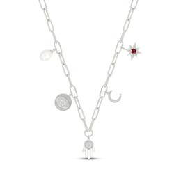 Cultured Pearl, Lab-Created Ruby & White Lab-Created Sapphire Spiritual Symbols Paperclip Charm Necklace Sterling Silver 18"