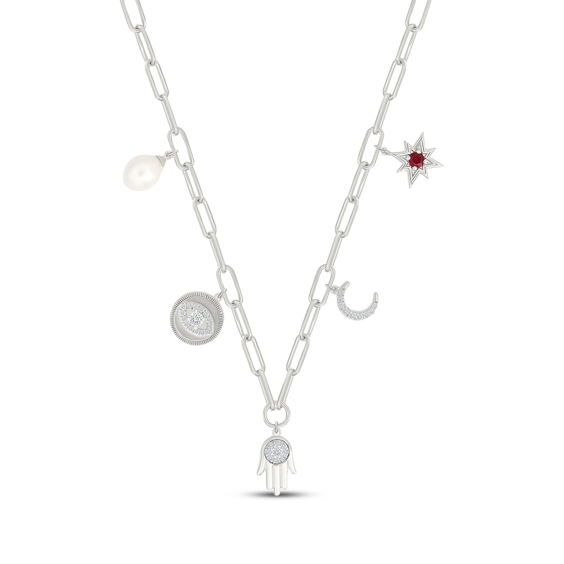 Main Image 1 of Cultured Pearl, Lab-Created Ruby & White Lab-Created Sapphire Spiritual Symbols Paperclip Charm Necklace Sterling Silver 18"