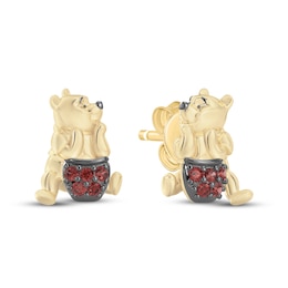 Disney Treasures Winnie the Pooh "Hunny Pot" Garnet Stud Earrings 24K Yellow Gold Vermeil Sterling Silver