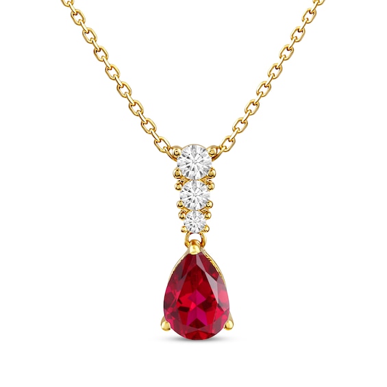 KAY Lab-Grown Diamonds Pear-Shaped Lab-Created Ruby Birthstone Necklace 1/10 ct tw 10K Yellow Gold 18"