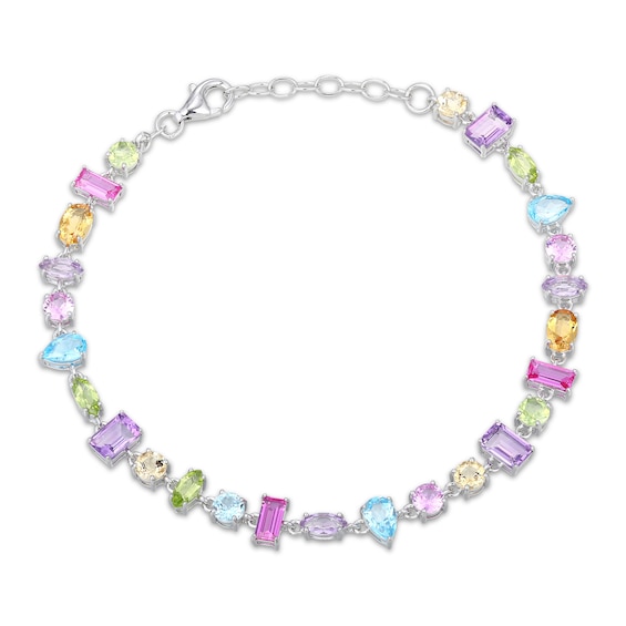 Multi-Shape Natural Amethyst, Light Amethyst, Citrine, Peridot, Sky Blue Topaz, Swiss Blue Topaz and Pink Lab-Created Sapphire Bracelet Sterling Silve