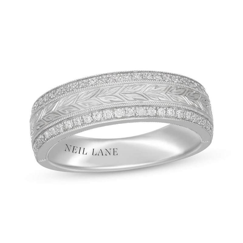 Main Image 1 of Neil Lane Men's Diamond Leaf-Engraved Wedding Band 1/3 ct tw 14K White Gold