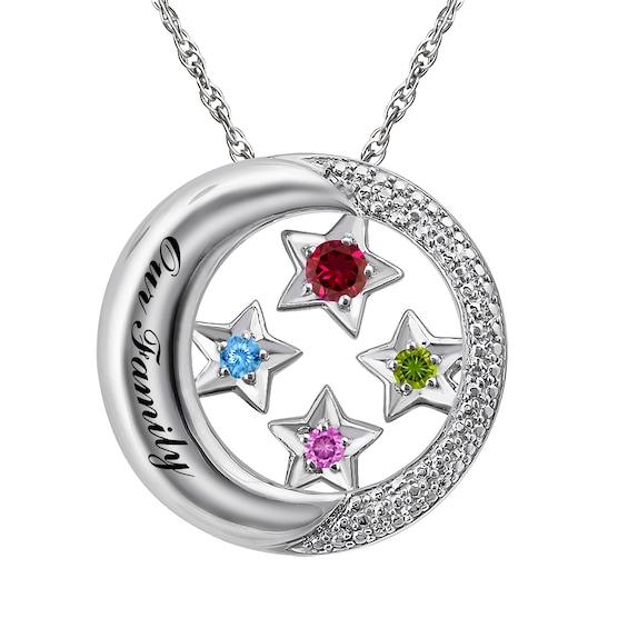 Birthstone Family & Mother's Moon & Stars Necklace (1-4 Stones and 1 Line)