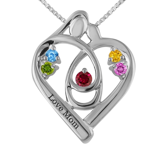 Birthstone Mother & Child Heart Necklace (2-5 Stones and 1 Line)