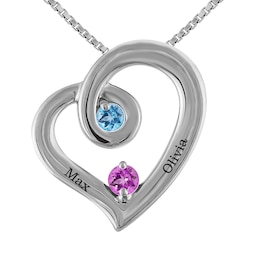 Round Birthstone Couple's Swirl Heart Necklace (2 Stones and Lines)