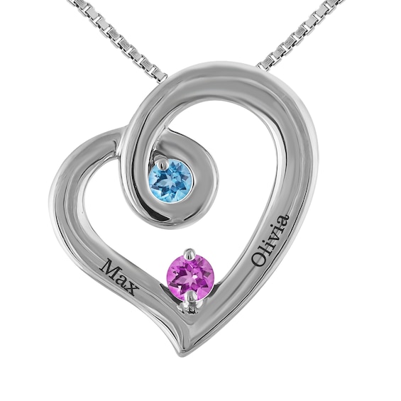 Round Birthstone Couple's Swirl Heart Necklace (2 Stones and Lines)