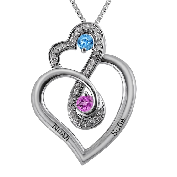 1/10 ct tw Diamond and Birthstone Couple's Necklace (2 Stones and Lines)