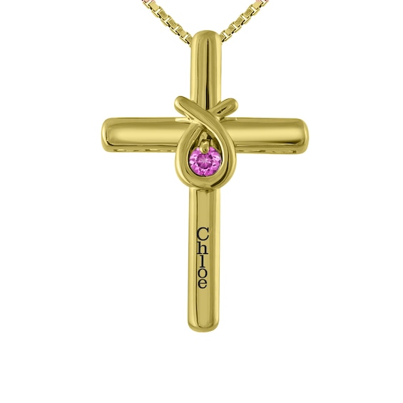 Round Birthstone Cross Teardrop Necklace (1 Stone and Line)