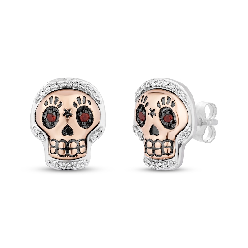 Main Image 1 of Disney Treasures Coco Garnet & Diamond Sugar Skull Earrings 1/10 ct tw Sterling Silver & 10K Rose Gold