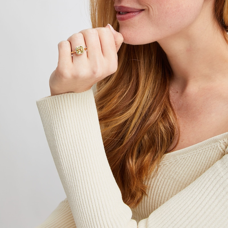 Main Image 5 of Monique Lhuillier Bliss Square Emerald-Cut Yellow Quartz & Diamond Frame Engagement Ring 1/4 ct tw 14K Yellow Gold